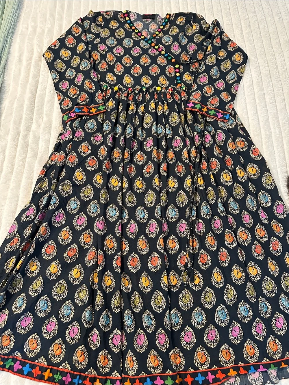Rang Ja Black Printed Long-Sleeve Pakistani Wrap-Style A-Line Kurta/Dress